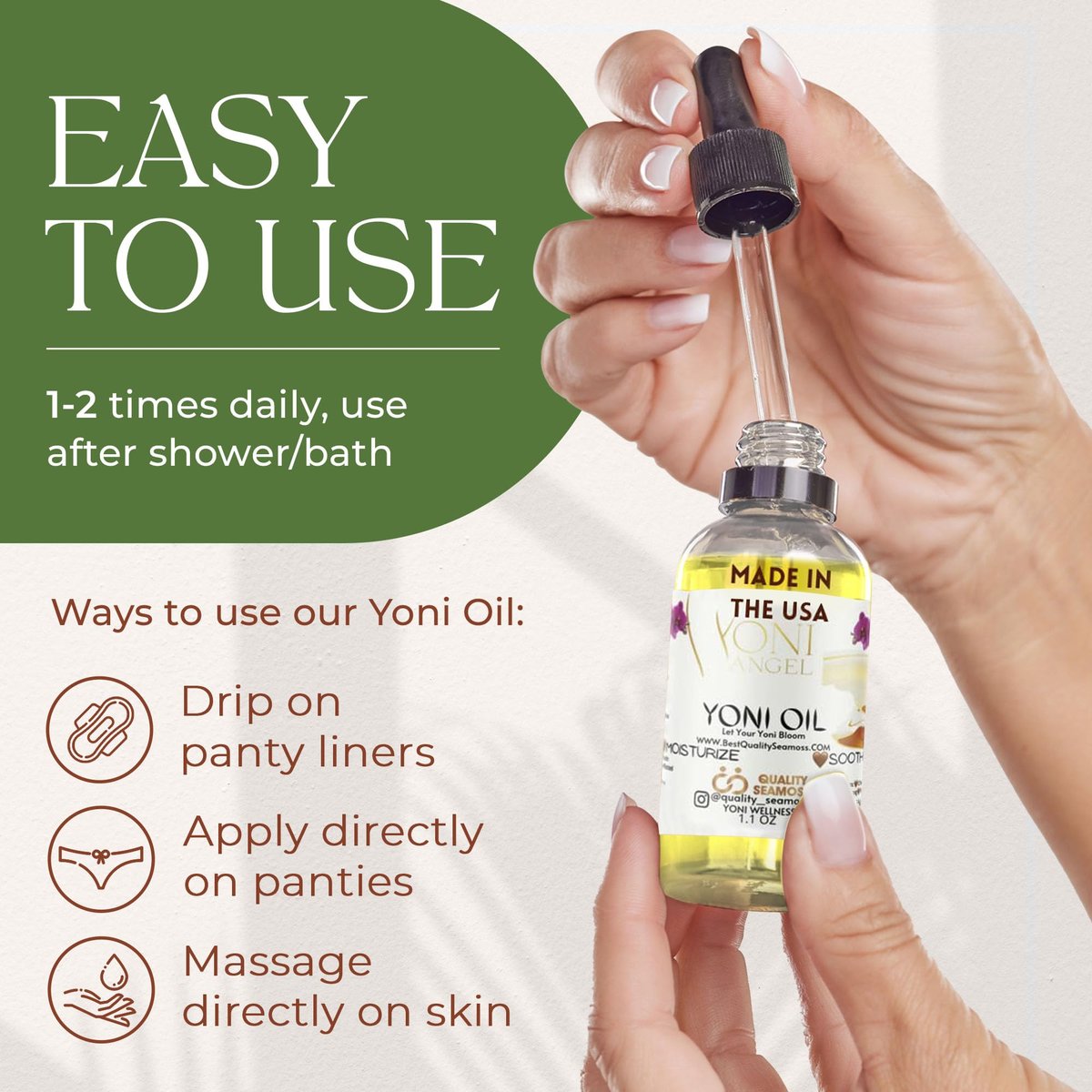 Yoni Oil Natürlich Minzfrisch Femininöl – Trockenheit, reduziert Geruch, stellt pH-Gleichgewicht wieder her, rein natürlich, Kräuter-Yoni-Mischung mit Teebaumöl, Lemongras, Jasmin & Kamillenölen, 30 ml