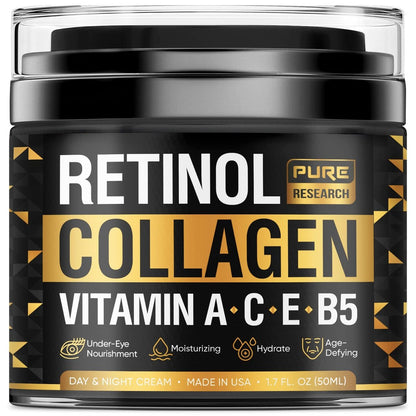 Retinol Gesichtscreme – Natürliche Anti-Falten-Creme – Anti-Aging Feuchtigkeitspflege mit Kollagen & Hyaluronsäure – Hydratisieren, Erneuern und Schützen Sie Ihre Haut 1,7 Unzen