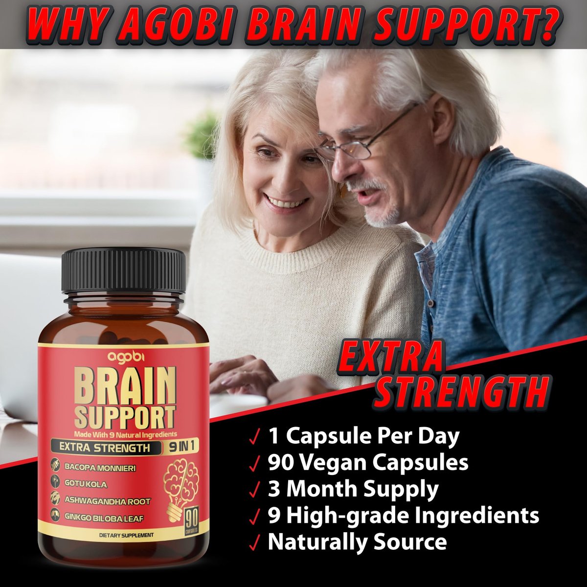 agobi 9in1 Gehirn Unterstützung Supplement – Konzentrierte Ashwagandha Wurzel, Gotu Kola Pulver, Bacopa Monnieri Pulver und mehr – 90 Kapseln – 3 Monate Vorrat