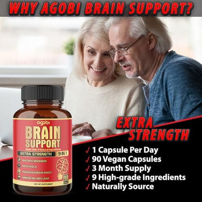 agobi 9in1 Gehirn Unterstützung Supplement – Konzentrierte Ashwagandha Wurzel, Gotu Kola Pulver, Bacopa Monnieri Pulver und mehr – 90 Kapseln – 3 Monate Vorrat