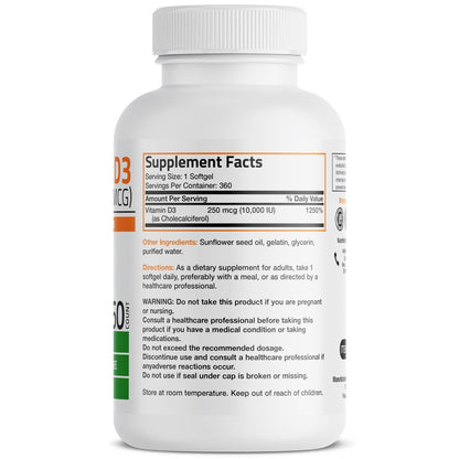Bronson Vitamin D3 10.000 IE (250 mcg) Hochdosiert – Unterstützt ein gesundes Immunsystem, starke Knochen, Muskeln & Zähne – Non-GMO, 360 Weichkapseln