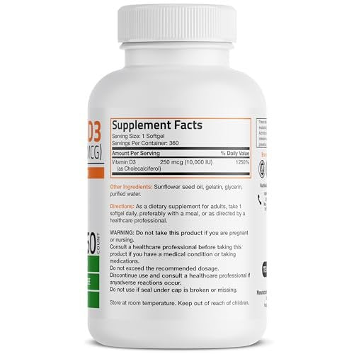 Bronson Vitamin D3 10.000 IE (250 mcg) Hochdosiert – Unterstützt ein gesundes Immunsystem, starke Knochen, Muskeln & Zähne – Non-GMO, 360 Weichkapseln