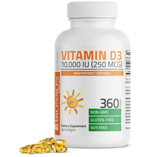 Bronson Vitamin D3 10.000 IE (250 mcg) Hochdosiert – Unterstützt ein gesundes Immunsystem, starke Knochen, Muskeln & Zähne – Non-GMO, 360 Weichkapseln