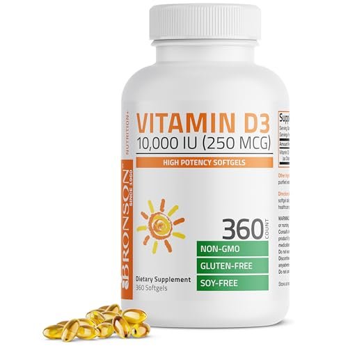 Bronson Vitamin D3 10.000 IE (250 mcg) Hochdosiert – Unterstützt ein gesundes Immunsystem, starke Knochen, Muskeln & Zähne – Non-GMO, 360 Weichkapseln