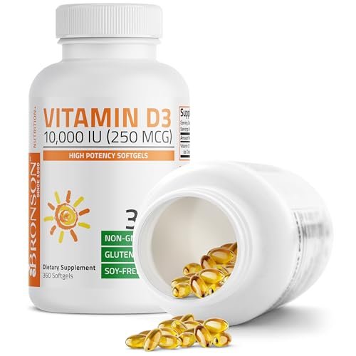 Bronson Vitamin D3 10.000 IE (250 mcg) Hochdosiert – Unterstützt ein gesundes Immunsystem, starke Knochen, Muskeln & Zähne – Non-GMO, 360 Weichkapseln
