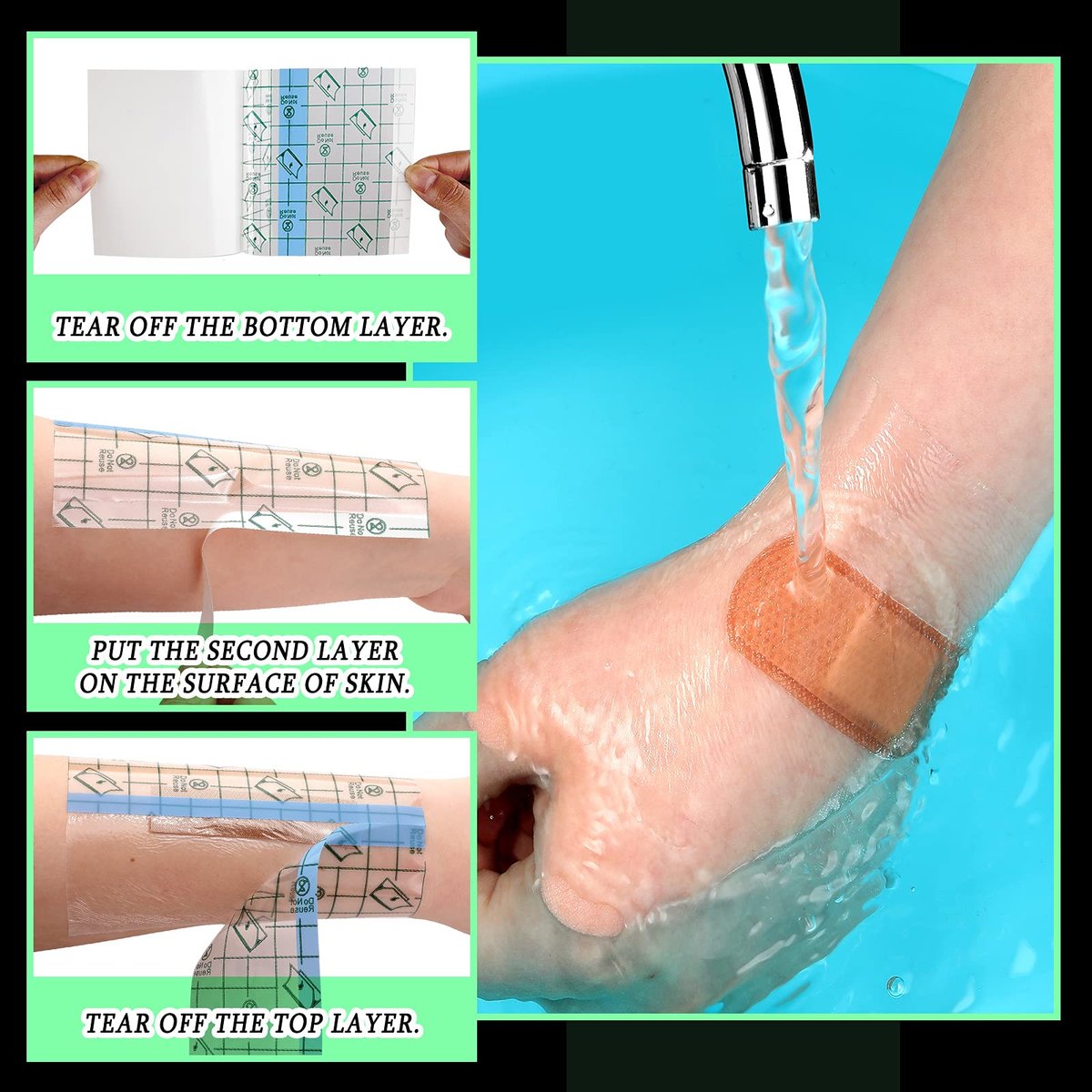 BBTO 50 Stück Transparente, klare, dehnbare, wasserdichte Wundauflagen – Große selbstklebende Folienpflaster (10 x 15 cm)