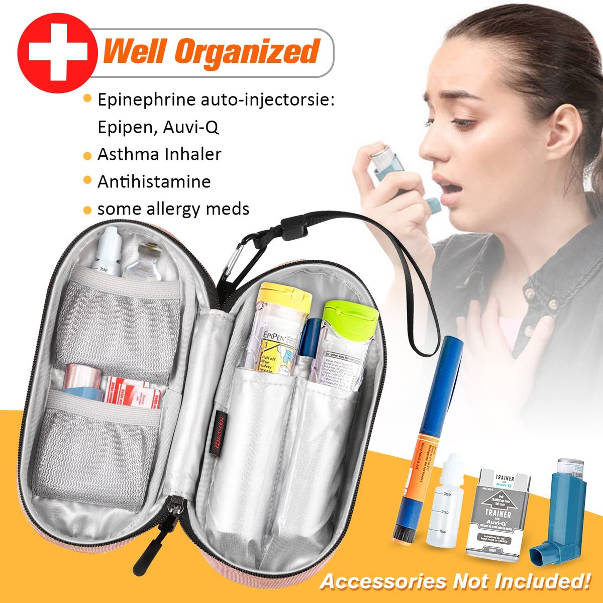 SITHON EpiPen Medizinisches Aufbewahrungsetui Isoliert, Reise-Medikamenten-Organizer-Tasche für 2 EpiPens, Asthma-Inhalator, Antihistaminikum, Auvi-Q, Allergie-Medikamente, Rosa