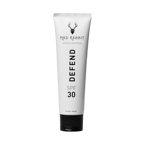 Mad Rabbit Defend Tattoo Sonnencreme LSF 30 – 100 ml Tube – Mineralische Sonnenlotion für Tattoo-Schutz vor Verblassen und Feuchtigkeitspflege, Anti-Aging-Formel