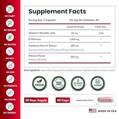 ForestLeaf D-Mannose 1000mg Kapseln – Mit Cranberry, Hibiskus & Vitamin C für die Harnwegsgesundheit von Frauen und Männern – 60 Kapseln