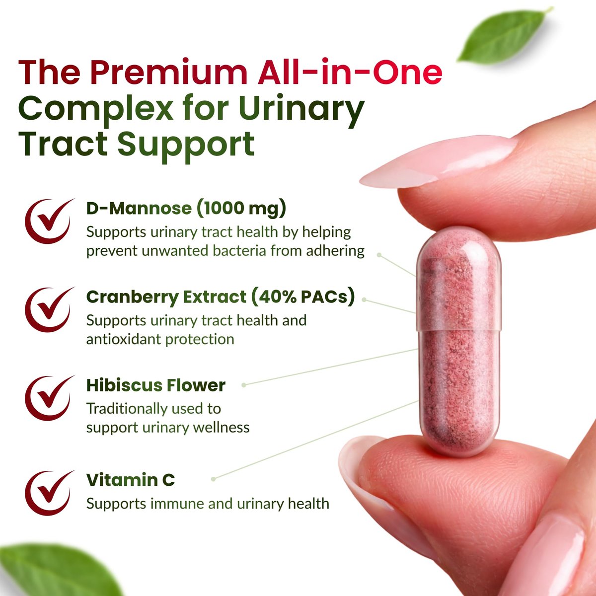 ForestLeaf D-Mannose 1000mg Kapseln – Mit Cranberry, Hibiskus & Vitamin C für die Harnwegsgesundheit von Frauen und Männern – 60 Kapseln