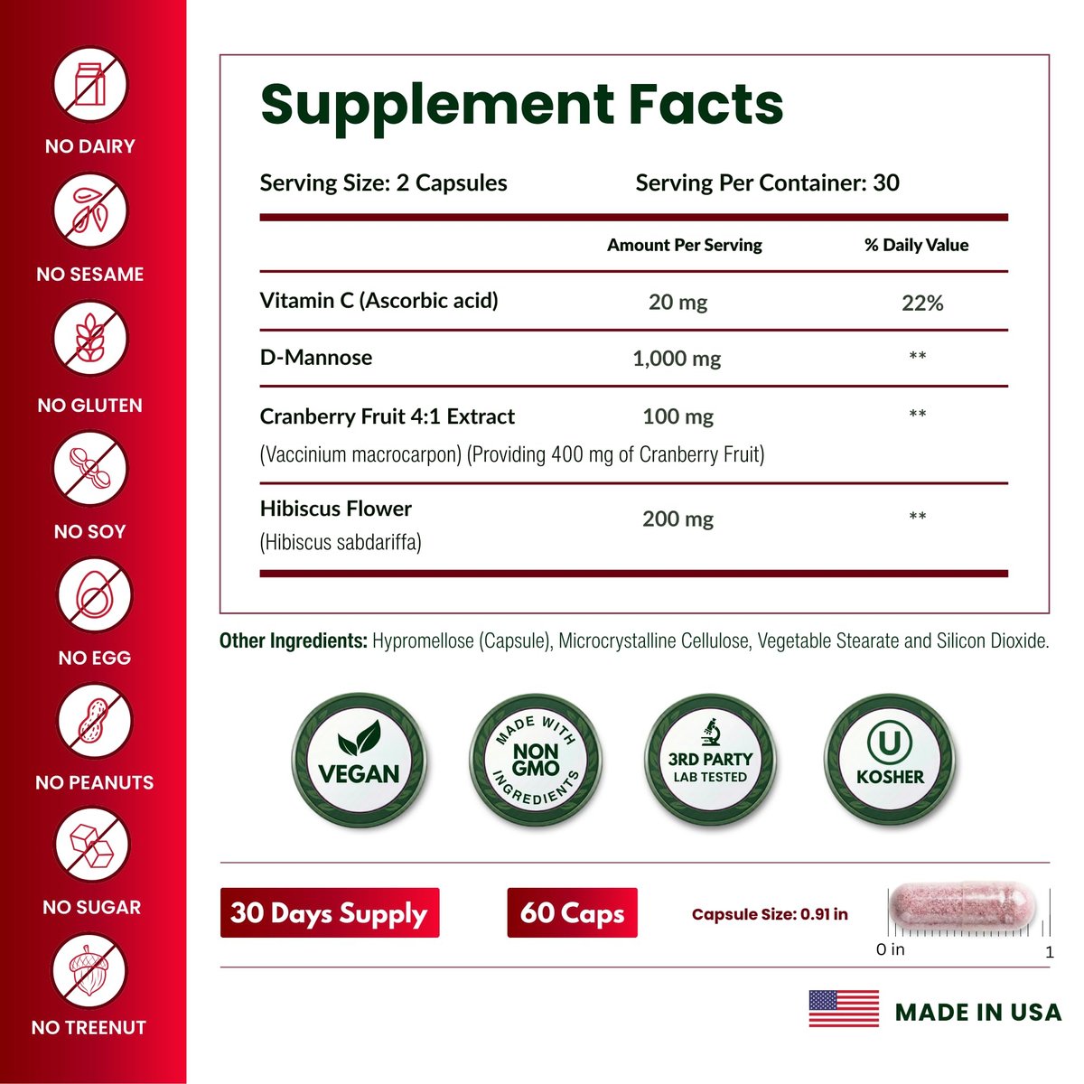 ForestLeaf D-Mannose 1000mg Kapseln – Mit Cranberry, Hibiskus & Vitamin C für die Harnwegsgesundheit von Frauen und Männern – 60 Kapseln