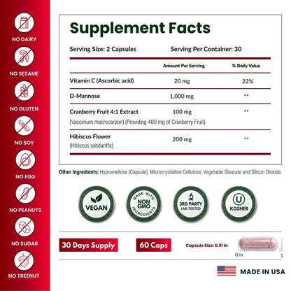 ForestLeaf D-Mannose 1000mg Kapseln – Mit Cranberry, Hibiskus & Vitamin C für die Harnwegsgesundheit von Frauen und Männern – 60 Kapseln