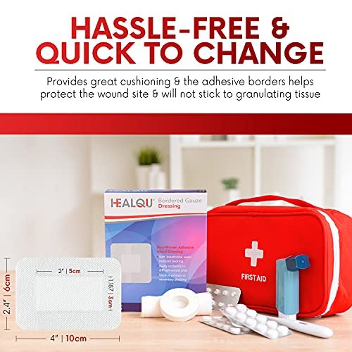 HEALQU Bordered Gauze Island Dressing – 50 Stück, 2,4"x4" sterile Mullkompressen mit wasserabweisendem Vliesrücken – weich und atmungsaktiv für Erste Hilfe & medizinische Versorgung