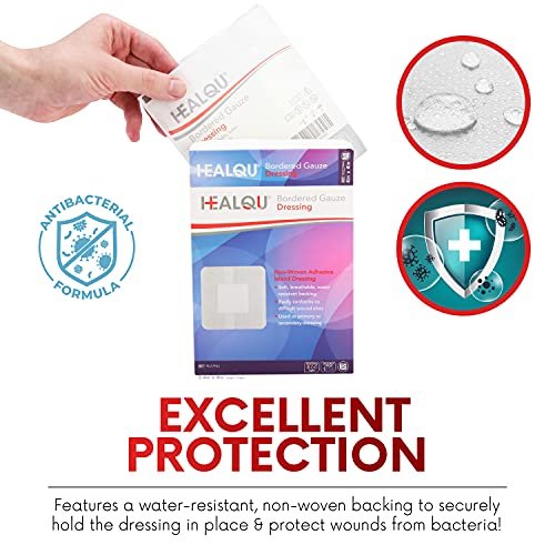HEALQU Bordered Gauze Island Dressing – 50 Stück, 2,4"x4" sterile Mullkompressen mit wasserabweisendem Vliesrücken – weich und atmungsaktiv für Erste Hilfe & medizinische Versorgung