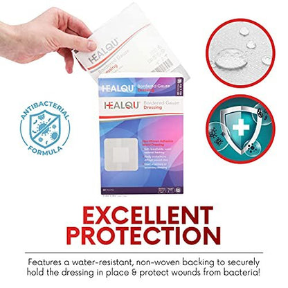 HEALQU Bordered Gauze Island Dressing – 50 Stück, 2,4"x4" sterile Mullkompressen mit wasserabweisendem Vliesrücken – weich und atmungsaktiv für Erste Hilfe & medizinische Versorgung
