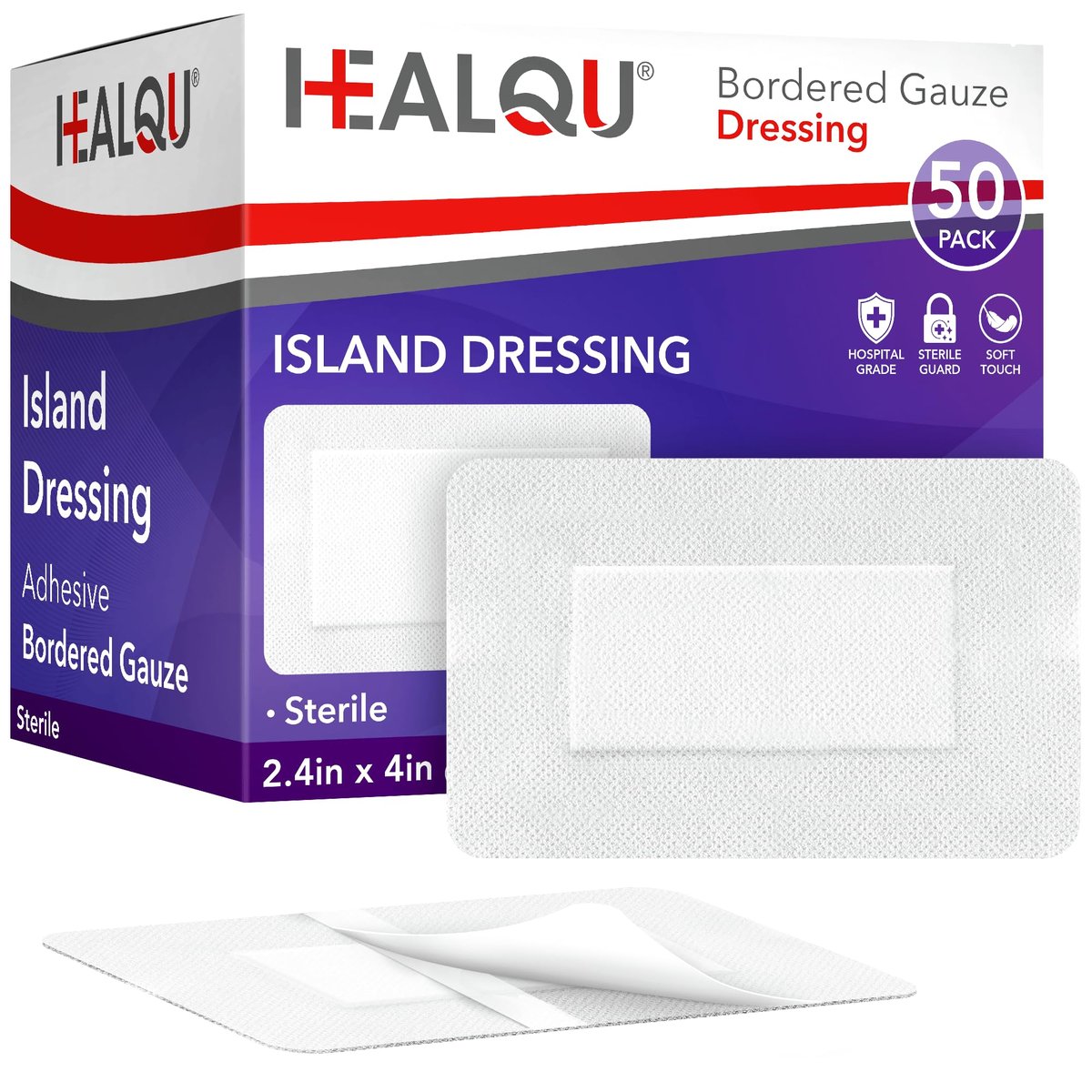 HEALQU Bordered Gauze Island Dressing – 50 Stück, 2,4"x4" sterile Mullkompressen mit wasserabweisendem Vliesrücken – weich und atmungsaktiv für Erste Hilfe & medizinische Versorgung