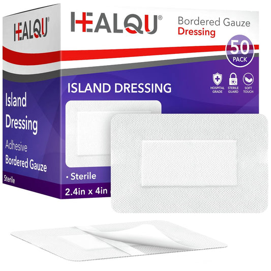HEALQU Bordered Gauze Island Dressing – 50 Stück, 2,4"x4" sterile Mullkompressen mit wasserabweisendem Vliesrücken – weich und atmungsaktiv für Erste Hilfe & medizinische Versorgung