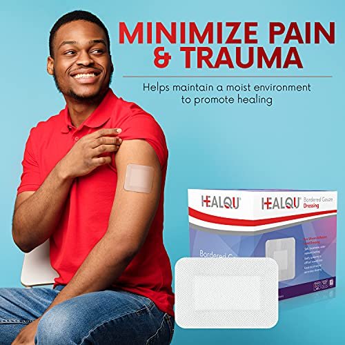 HEALQU Bordered Gauze Island Dressing – 50 Stück, 2,4"x4" sterile Mullkompressen mit wasserabweisendem Vliesrücken – weich und atmungsaktiv für Erste Hilfe & medizinische Versorgung