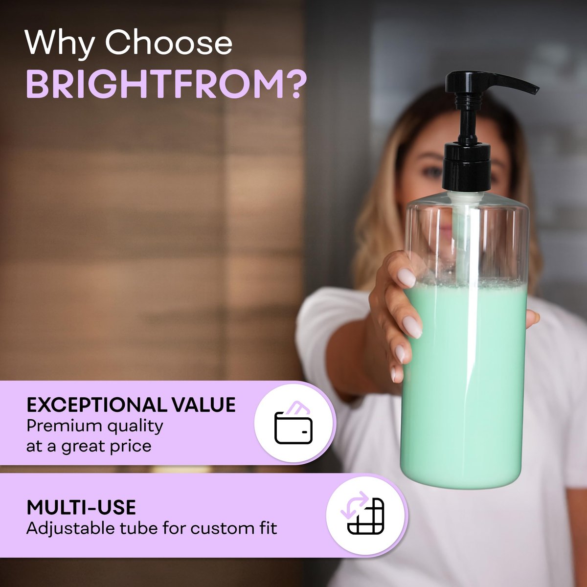BRIGHTFROM Universeller Spenderpumpe für Shampoo & Conditioner 1L /33,8 oz – Passend für die meisten Flaschen von 12 oz bis 33,8 oz mit 28/410 Halsgröße, 2er-Pack, Weiß/Schwarz
