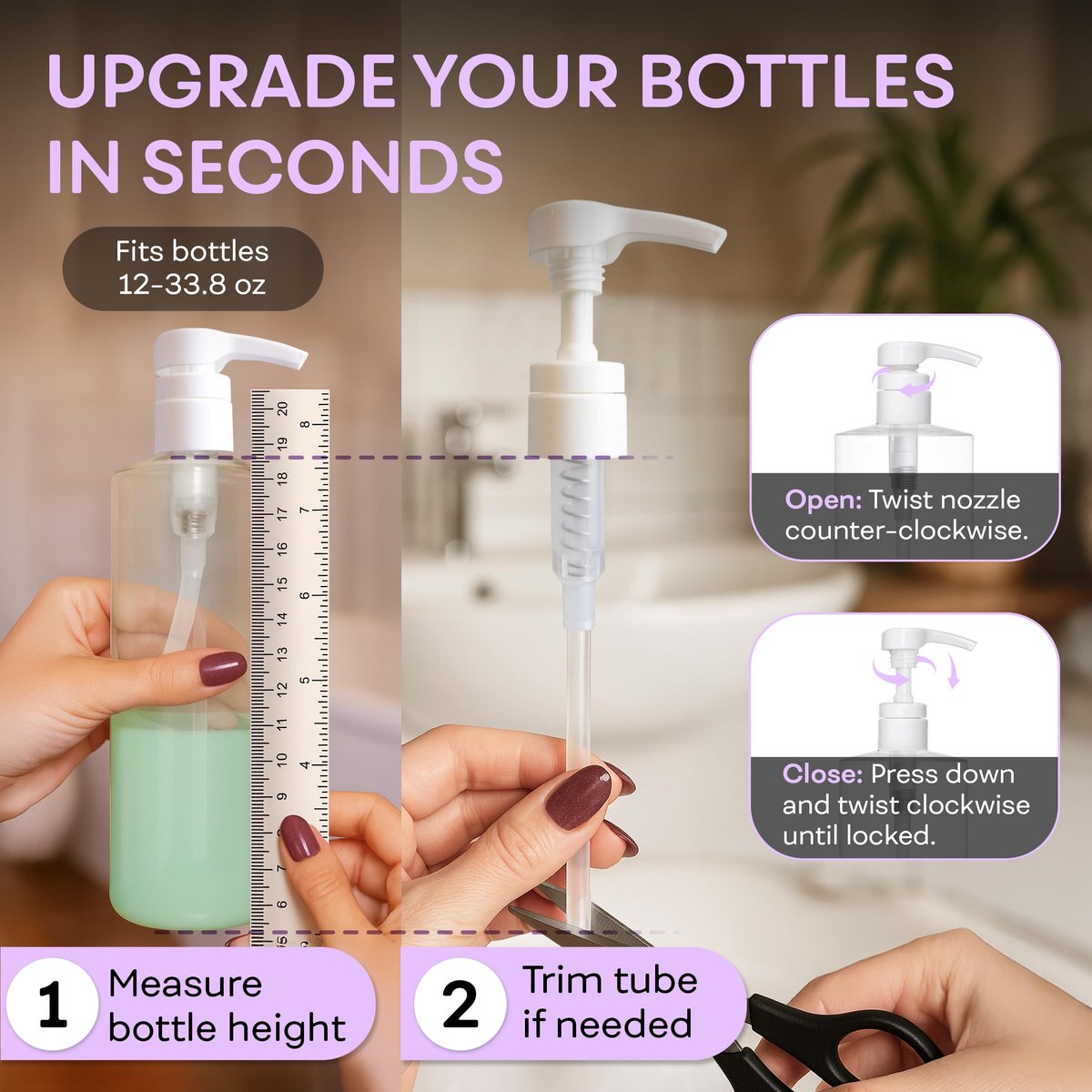 BRIGHTFROM Universeller Spenderpumpe für Shampoo & Conditioner 1L /33,8 oz – Passend für die meisten Flaschen von 12 oz bis 33,8 oz mit 28/410 Halsgröße, 2er-Pack, Weiß/Schwarz