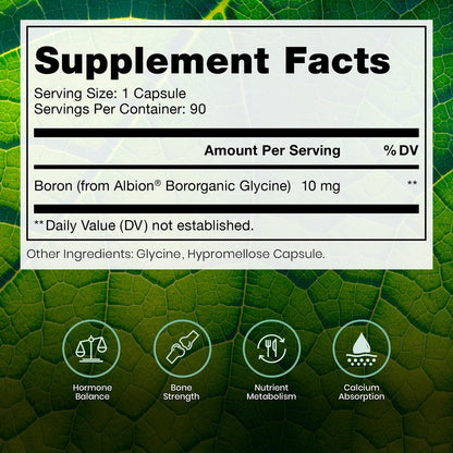 Bio Boron, 10mg/Kapsel, Bororganischer Glycin-Boron-Komplex für Männer & Frauen, veganes Mineralstoffpräparat für Knochen, Herz-Kreislauf-Funktion & Immununterstützung, 90 vegetarische Kapseln