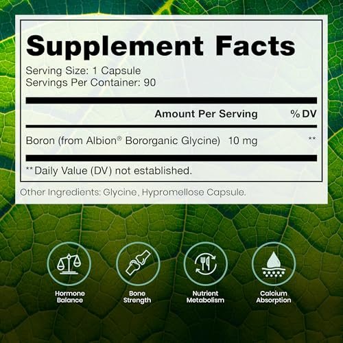 Bio Boron, 10mg/Kapsel, Bororganischer Glycin-Boron-Komplex für Männer & Frauen, veganes Mineralstoffpräparat für Knochen, Herz-Kreislauf-Funktion & Immununterstützung, 90 vegetarische Kapseln