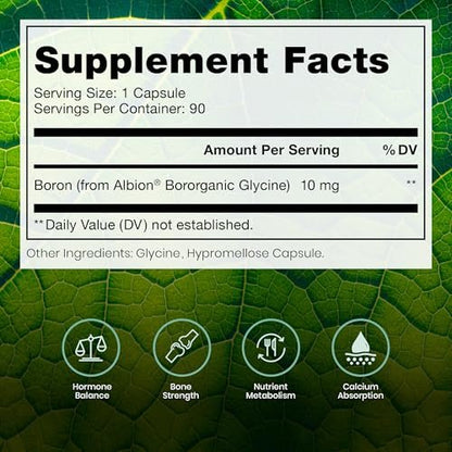 Bio Boron, 10mg/Kapsel, Bororganischer Glycin-Boron-Komplex für Männer & Frauen, veganes Mineralstoffpräparat für Knochen, Herz-Kreislauf-Funktion & Immununterstützung, 90 vegetarische Kapseln