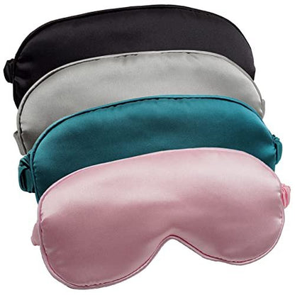 LERSVICVIL Schlafmaske 4er Pack – Seidige Augenmaske aus Satin mit elastischem Band für Reisen und Nickerchen – für Damen und Herren (Schwarz, Silber, Pink und Dunkelgrün)