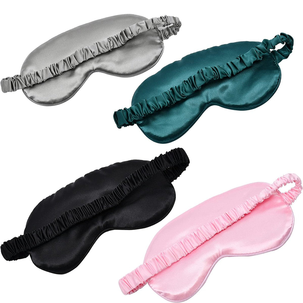 LERSVICVIL Schlafmaske 4er Pack – Seidige Augenmaske aus Satin mit elastischem Band für Reisen und Nickerchen – für Damen und Herren (Schwarz, Silber, Pink und Dunkelgrün)