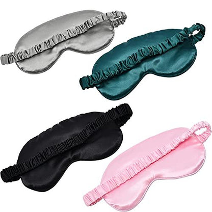 LERSVICVIL Schlafmaske 4er Pack – Seidige Augenmaske aus Satin mit elastischem Band für Reisen und Nickerchen – für Damen und Herren (Schwarz, Silber, Pink und Dunkelgrün)