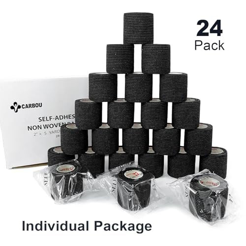 24er Pack 2" x 5 Yards CARBOU Selbstklebende Bandagen Sportwickel, Athletische Elastische Kohäsionsbandage für Sport, Verletzungen, Behandlungen und Genesung, Erste-Hilfe-Veterinärwickel für Katzen, Hunde - Schwarz