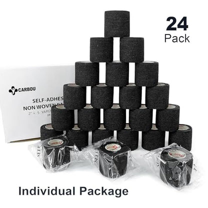 24er Pack 2" x 5 Yards CARBOU Selbstklebende Bandagen Sportwickel, Athletische Elastische Kohäsionsbandage für Sport, Verletzungen, Behandlungen und Genesung, Erste-Hilfe-Veterinärwickel für Katzen, Hunde - Schwarz