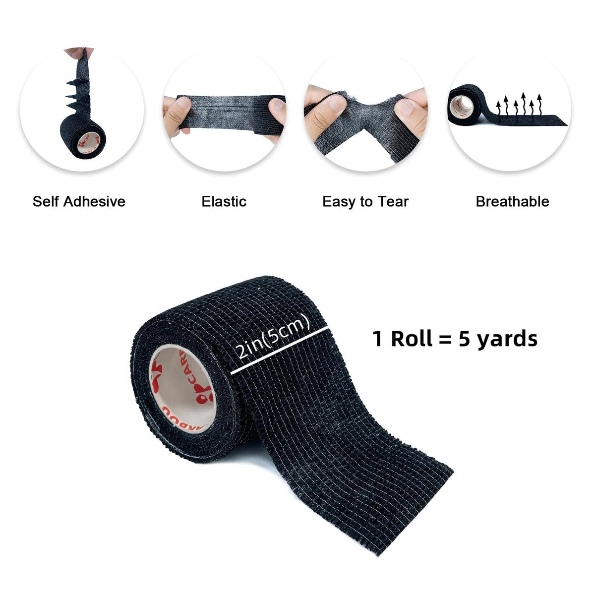24er Pack 2" x 5 Yards CARBOU Selbstklebende Bandagen Sportwickel, Athletische Elastische Kohäsionsbandage für Sport, Verletzungen, Behandlungen und Genesung, Erste-Hilfe-Veterinärwickel für Katzen, Hunde - Schwarz