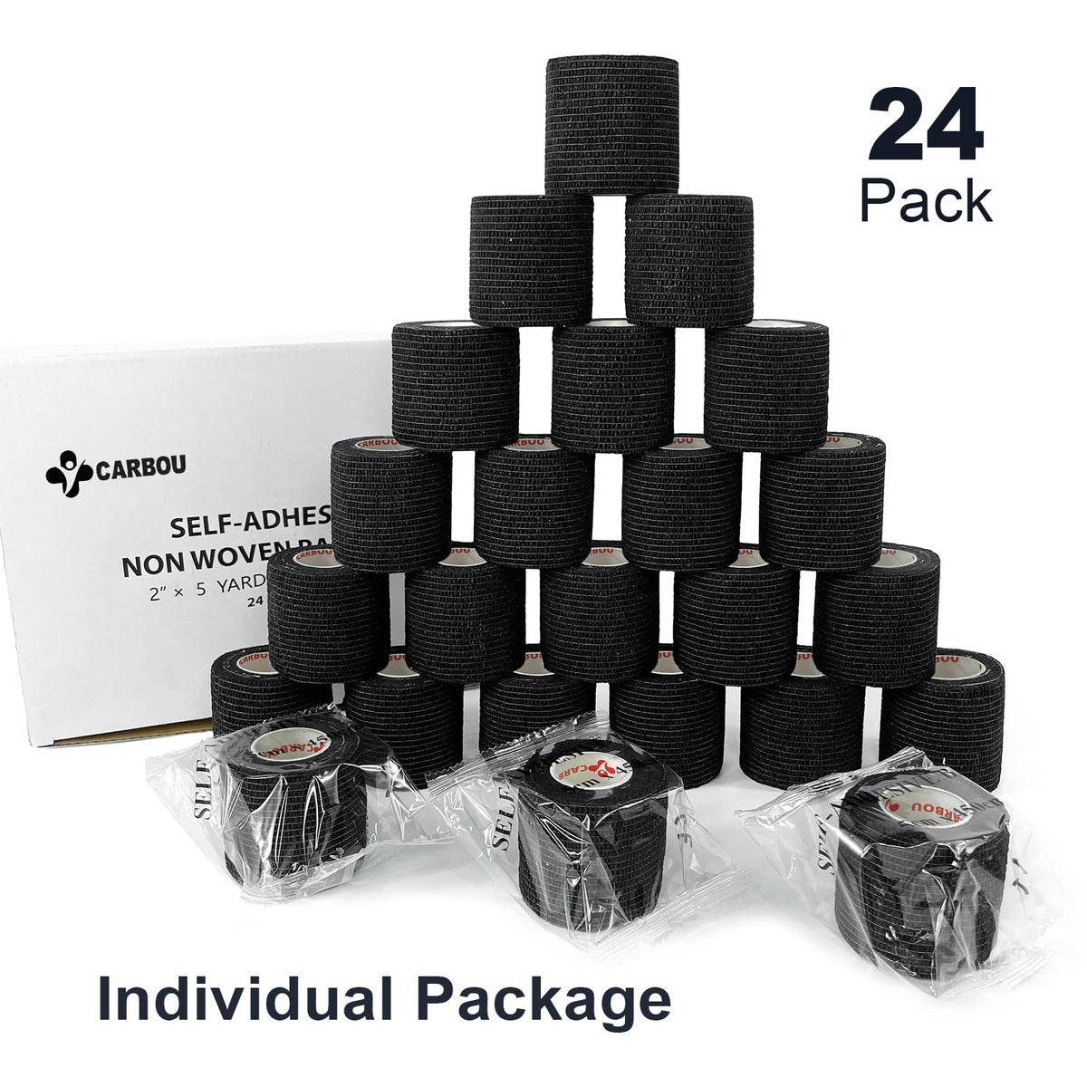 24er Pack 2" x 5 Yards CARBOU Selbstklebende Bandagen Sportwickel, Athletische Elastische Kohäsionsbandage für Sport, Verletzungen, Behandlungen und Genesung, Erste-Hilfe-Veterinärwickel für Katzen, Hunde - Schwarz