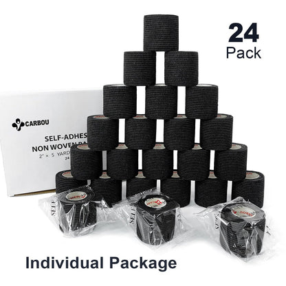 24er Pack 2" x 5 Yards CARBOU Selbstklebende Bandagen Sportwickel, Athletische Elastische Kohäsionsbandage für Sport, Verletzungen, Behandlungen und Genesung, Erste-Hilfe-Veterinärwickel für Katzen, Hunde - Schwarz
