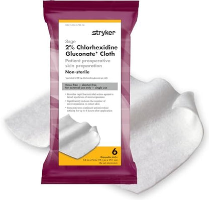 Stryker Sage 2% Chlorhexidin-Gluconat (CHG) Tücher – 1 Packung, 6 Tücher – Spülfreie antiseptische präoperative Hautvorbereitung