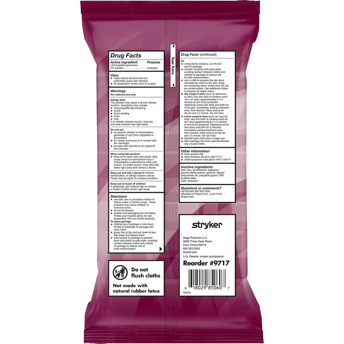 Stryker Sage 2% Chlorhexidin-Gluconat (CHG) Tücher – 1 Packung, 6 Tücher – Spülfreie antiseptische präoperative Hautvorbereitung