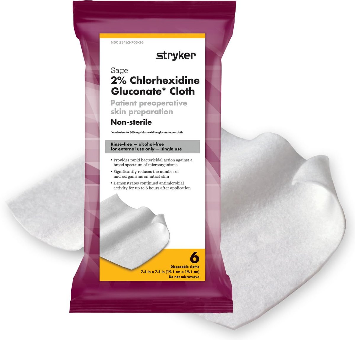 Stryker Sage 2% Chlorhexidin-Gluconat (CHG) Tücher – 1 Packung, 6 Tücher – Spülfreie antiseptische präoperative Hautvorbereitung