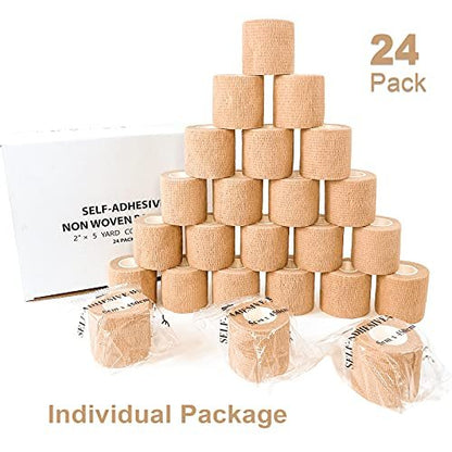 24er Pack 2" x 5 Yards Carbou Selbstklebende Bandagen Vorwickel, Athletische Elastische Kohäsionsbandage für Sport, Verletzungen, Behandlungen und Genesung, Erste-Hilfe-Veterinärwickel für Katze, Hund - Beige