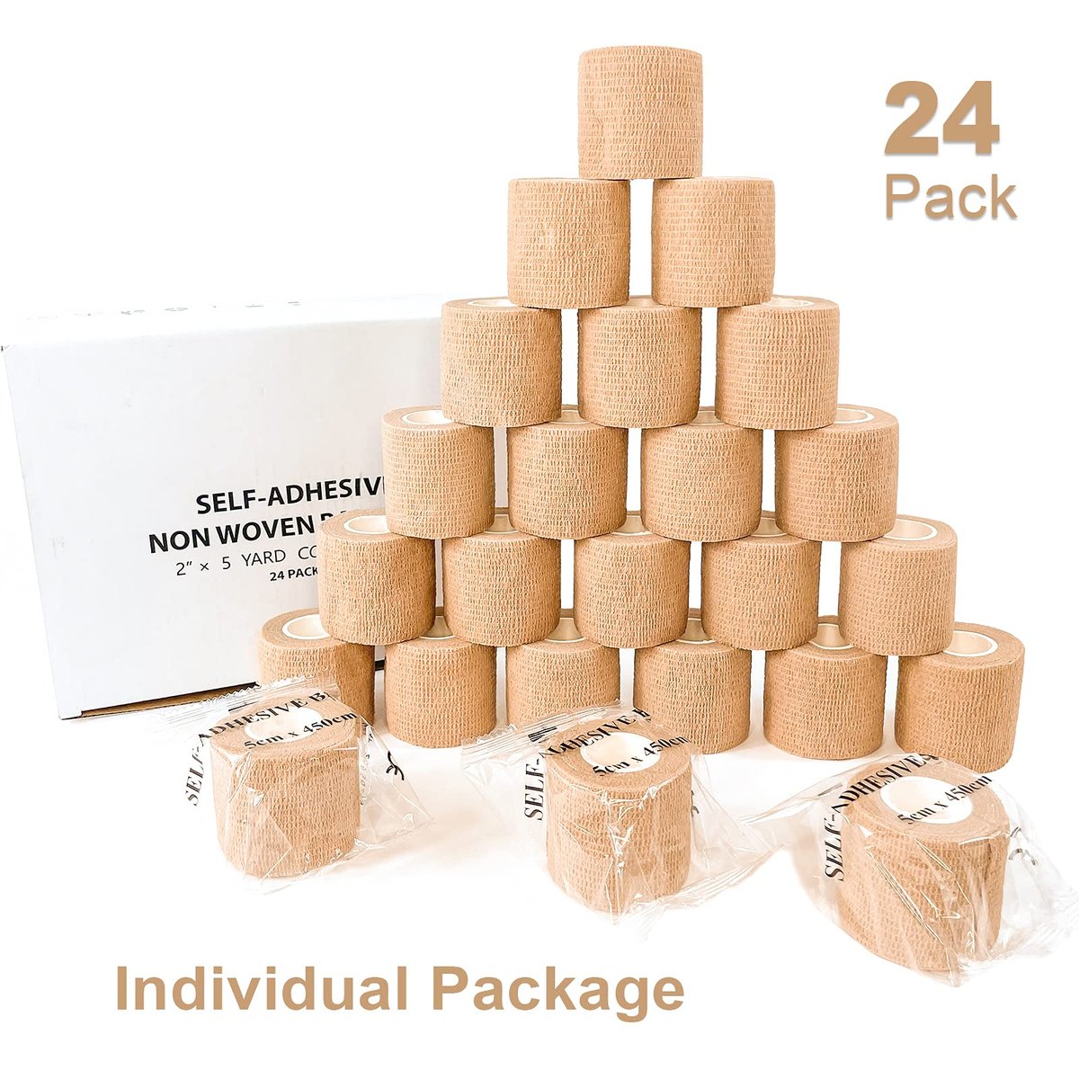 24er Pack 2" x 5 Yards Carbou Selbstklebende Bandagen Vorwickel, Athletische Elastische Kohäsionsbandage für Sport, Verletzungen, Behandlungen und Genesung, Erste-Hilfe-Veterinärwickel für Katze, Hund - Beige