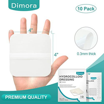Dimora Hydrokolloid Wundverband, 10 Stück ultradünn 10x10 cm großes Pflaster mit Selbstklebung, schnelle Heilung bei Dekubitus, Verbrennungen, Blasen, Akne-Pflege, steril und wasserdicht