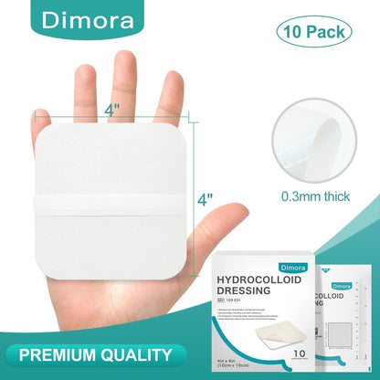 Dimora Hydrokolloid Wundverband, 10 Stück ultradünn 10x10 cm großes Pflaster mit Selbstklebung, schnelle Heilung bei Dekubitus, Verbrennungen, Blasen, Akne-Pflege, steril und wasserdicht