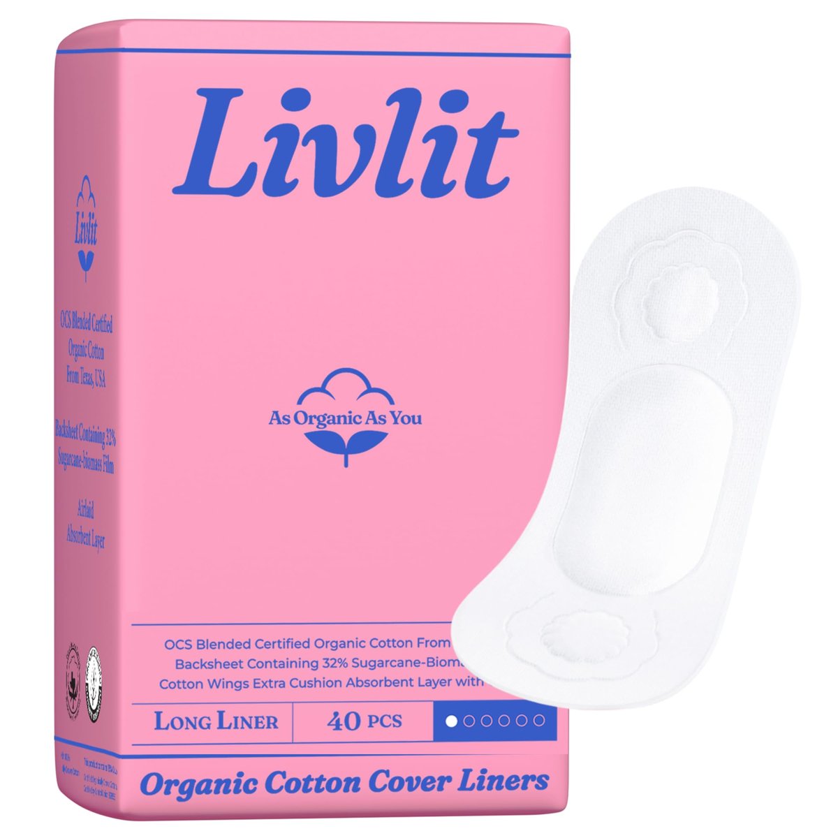 Livlit Ultra Dünne Slipeinlagen, 100% zertifizierte Bio-Baumwolle aus Texas, leichte Saugfähigkeit, chlorfrei, unparfümiert, hypoallergen (40 Stück)