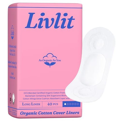 Livlit Ultra Dünne Slipeinlagen, 100% zertifizierte Bio-Baumwolle aus Texas, leichte Saugfähigkeit, chlorfrei, unparfümiert, hypoallergen (40 Stück)