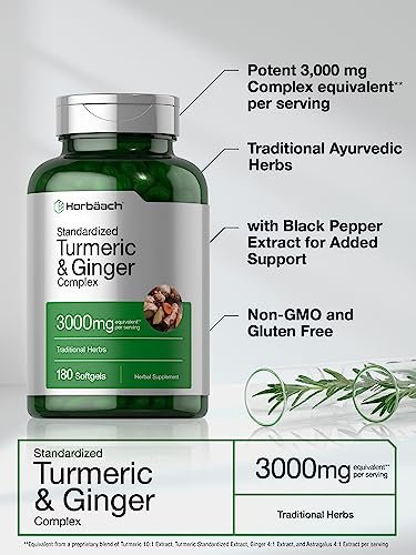 Horbäach Kurkuma & Ingwer Kapseln | 180 Softgels mit Schwarzem Pfeffer Extrakt | Nicht-GVO, Glutenfrei
