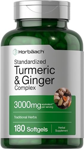 Horbäach Kurkuma & Ingwer Kapseln | 180 Softgels mit Schwarzem Pfeffer Extrakt | Nicht-GVO, Glutenfrei