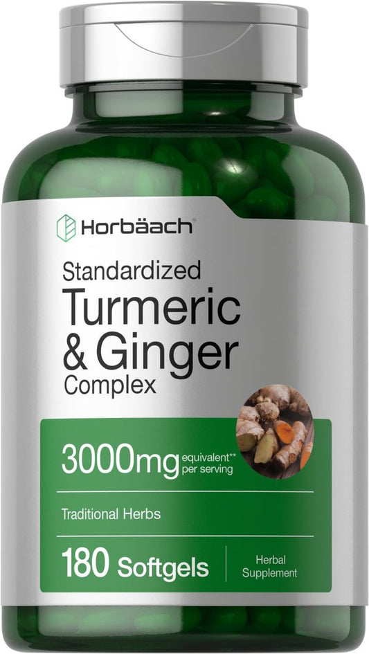 Horbäach Kurkuma & Ingwer Kapseln | 180 Softgels mit Schwarzem Pfeffer Extrakt | Nicht-GVO, Glutenfrei