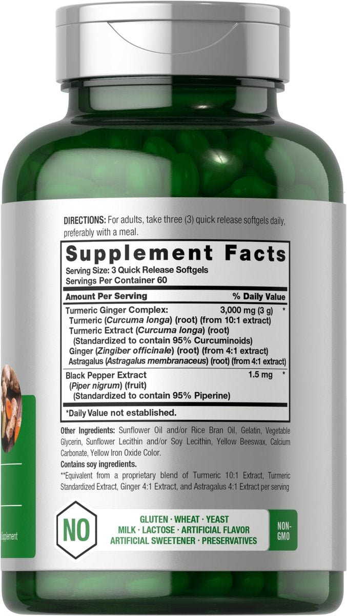 Horbäach Kurkuma & Ingwer Kapseln | 180 Softgels mit Schwarzem Pfeffer Extrakt | Nicht-GVO, Glutenfrei