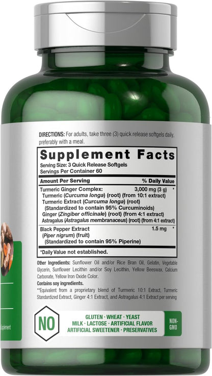 Horbäach Kurkuma & Ingwer Kapseln | 180 Softgels mit Schwarzem Pfeffer Extrakt | Nicht-GVO, Glutenfrei