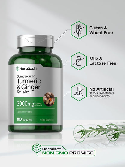 Horbäach Kurkuma & Ingwer Kapseln | 180 Softgels mit Schwarzem Pfeffer Extrakt | Nicht-GVO, Glutenfrei